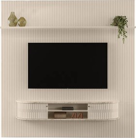 Painel TV 75 Pol 238cm Kalven e Bancada Suspensa Aurenzo M20 - D'Rossi - Calacata(brilho)/Off White(brilho)