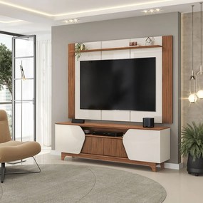Painel e Bancada TV 75" Rocha Ripado Canelado 4 Portas OffWhite/Freijó G18 - Gran Belo