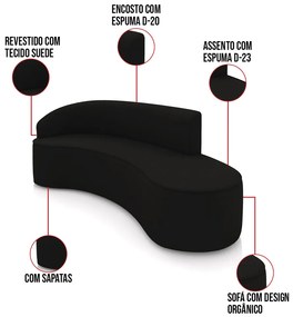 Sofá 4 Lugares Orgânico 220cm Morgan e 2 Poltronas Lua Suede D03 - D'Rossi - Preto