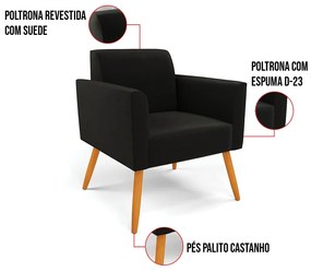 Kit 2 Poltronas Pés Palito Castanho Marisa Suede - Preto