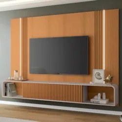 Painel TV 85 Pol 219cm Bancada Suspensa Empire Off/Cinamomo - HB Móvei