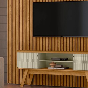 Painel TV 75 Pol 238cm Ripado Kalven com Rack Bancada Enzari M20 - D'Rossi - Cumaru(fosco)/Opala(brilho)
