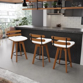 kit 02 Banquetas Giratória Costela Corino Branco Base Madeira MA70 - DRossi