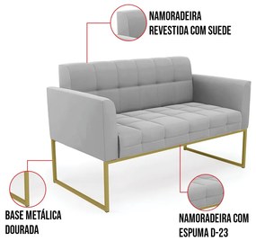 Kit 1 Sofá Namoradeira e 2 Poltronas Elisa Suede Base Metálica Industrial Dourado D03 - D'Rossi - Cinza