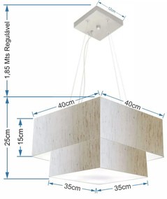 Lustre Pendente Duplo Quadrado Vivare Md-4157 Cúpula em Tecido 40x35cm Linho Bege - Bivolt