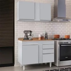 Armário Cozinha e Balcão Com Tampo 100cm Luziania Cinza Claro/Castanho