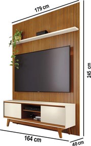 Painel TV 65 Pol 179cm Ripado Valen e Rack Bancada Mylan M20 - D'Rossi - Cinamomo(fosco)/Off White(brilho)