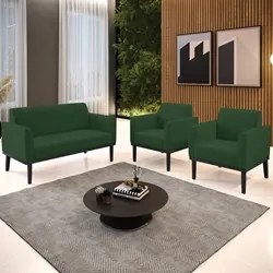 Sofá Namoradeira e 2 Poltronas Base Madeira Preto Maressa Veludo Verde