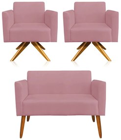 Kit 01 Namoradeira 02 Lugares e 02 Poltronas Marisa Suede Rosê Base Giratória Madeira MA30 D'Rossi