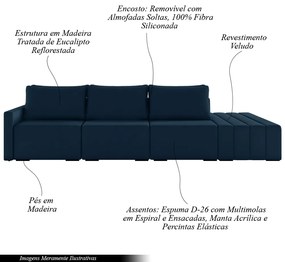 Sofá Ilha Modulado Milos 342cm Puff Lateral Veludo Azul Marinho G33 - Gran Belo