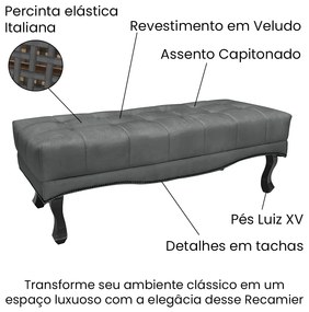Puff Recamier Retrô Luis Xv Captonê Quarto Vicenza 140cm Veludo Cinza S04 - D'Rossi