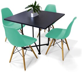 Kit 04 Cadeiras Eiffel Azul Turquesa e 01 Mesa de Jantar 04 Lugares Jade 90 cm Preto Base Metálica Industrial Preto M05 - D'Rossi