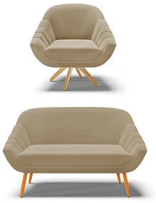 Kit 01 Namoradeira 02 Lugares e 01 Poltrona Giratória Giovana Suede Marrom Rato Base Madeira MA30 - D'Rossi