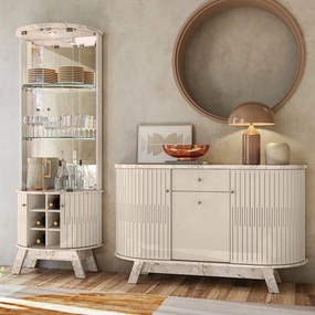 Cristaleira de Vidro Ravion e Balcão Aparador Buffet Sala Wylan M20 - D'Rossi - Calacata(brilho)/Off White(brilho)