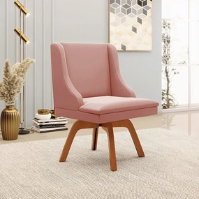 Kit 3 Cadeiras Decorativas Sala de Jantar Base Giratória de Madeira Firenze Veludo Rosê/Natural G19 - Gran Belo