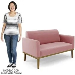 Sofá Namoradeira e 1 Poltrona Base Madeira Castanho Maressa Suede Rosê
