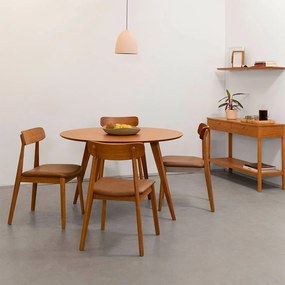 Conjunto Mesa Jantar Square Laminada Redonda Natural - 1,08m + 4 Cadeiras Nord Encosto Madeira - Cognac