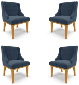 Kit 4 Cadeiras Decorativas Sala de Jantar Base Fixa de Madeira Firenze Suede Azul Marinho/Castanho G19 - Gran Belo