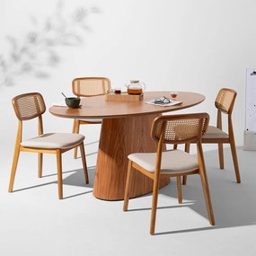 Conjunto Mesa de Jantar Tarsila Oval Cinamomo 1,80m x 1m + 4 Cadeiras Lótus Encosto Palha Larga Assento Linne Cru