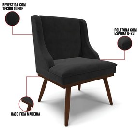 Cadeira de Jantar Liz Suede Base Fixa Madeira com Pés Palito Tabaco D03 - D'Rossi - Preto