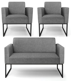 Sofá Namoradeira com 2 Poltronas Base Industrial Preto Marisa Linho - A32 Palha