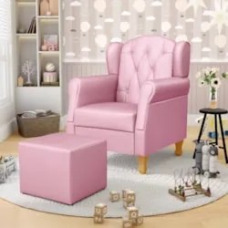 Poltrona de Amamentação Pés Madeira e Puff Lucy Z39  Sintético Rosa -