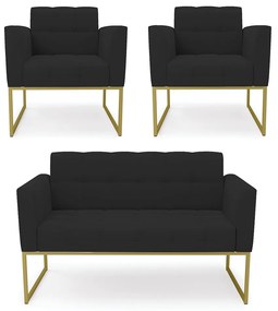 Kit 1 Sofá Namoradeira e 2 Poltronas Elisa Veludo Base Metálica Industrial Dourado - D'Rossi - Preto