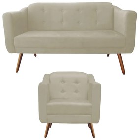 Kit Sofá Namoradeira + Poltrona Bruna Suede Bege Pé Palito