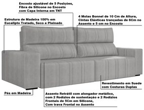 Sofá Retrátil 274 cm Sala de Estar Leonel Suede Cinza G52 - Gran Belo