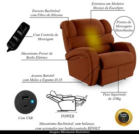Poltrona do Papai Sala de Cinema Reclinável Kylie Power Touch Massagem USB Veludo Terracota G23