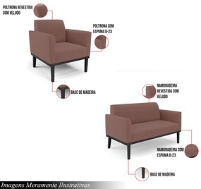 Conjunto Poltrona e Namoradeira Decorativa Isabella Pés Fixo em Madeira Preto Veludo Rose G19 - Gran Belo