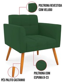Kit 1 Sofá Namoradeira e 2 Poltronas Elisa Veludo Pés Palito Castanho D03 - D'Rossi - Verde