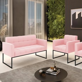 Kit 1 Sofá Namoradeira e 1 Poltrona Elisa Suede Rosa Bebê Base Metálica Industrial Preto - D'Rossi