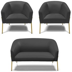Namoradeira e 2 Poltronas Pé de Ferro Dourado Stella Sintético D03 - D'Rossi - Preto