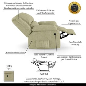 Poltrona do Papai Reclinável Sala de Cinema Madrid Power Elétrica USB Linho Bege  G23 - Gran Belo