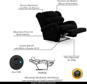 Poltrona do Papai Sala de Cinema Reclinável Kylie Power Elétrica USB Veludo Preto G23