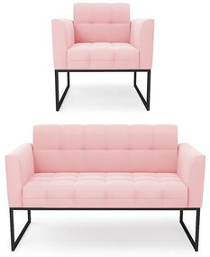 Kit 1 Sofá Namoradeira e 1 Poltrona Elisa Suede Rosa Bebê Base Metálica Industrial Preto - D'Rossi