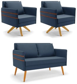 Kit 01 Namoradeira 02 Lugares e 02 Poltronas Mari Suede Base de Madeira MA30 - D'Rossi - Azul Marinho