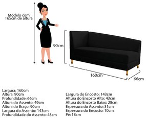 Recamier Valéria 160cm Lado Esquerdo Suede Preto - ADJ Decor
