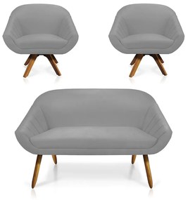 Kit 01 Namoradeira 02 Lugares e 02 Poltronas Giratória Giovana Suede Cinza Base Madeira MM30 - D'Rossi