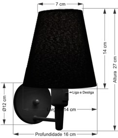 Arandela de Parede Vivare Md-2013 Preta Com Interruptor Liga e Desliga Cúpula em Tecido - Bivolt