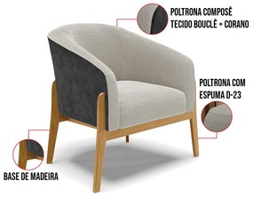 Poltrona Decorativa Base Madeira Stella PU Preto/Bouclê D03 - D'Rossi - Cinza