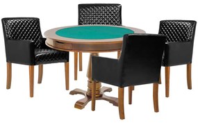 Mesa de Jogos Carteado Victoria Redonda Tampo Reversível Amêndoa com 4 Cadeiras Liverpool PU Sintético Preto Matelassê G36 G15 - Gran Belo