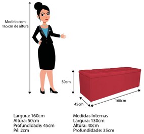 Calçadeira Estofada Manchester 160 cm Queen Size Suede Vermelho - ADJ Decor