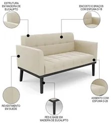 Sofá Namoradeira e 2 Poltronas Base Madeira Preto Ana Suede Bege - Ibi