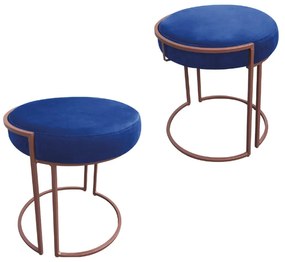 Puff Redondo Base Industrial Cobre Kit 2 Love Suede - Azul Royal