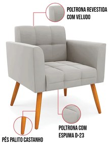 Kit 1 Sofá Namoradeira e 2 Poltronas Elisa Veludo Pés Palito Castanho D03 - D'Rossi - Cinza