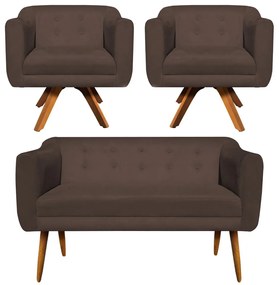 Kit 01 Namoradeira 02 Lugares e 02 Poltronas Giratória Julia Suede Marrom Base Madeira MM30 D'Rossi