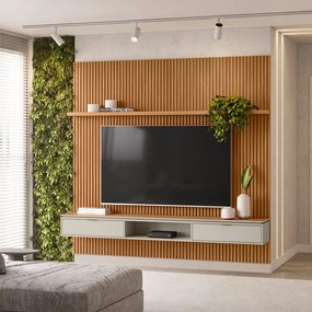 Painel para TV até 75 Polegadas Ripado Marisa com Nicho Bancada e Tampo Sobreposto Chanfrado Nature e Off White 219x250 cm L04 - D'Rossi