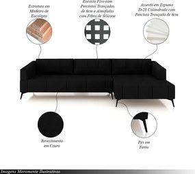 Sofá Bipartido Sala de Estar Kiara 292cm Chaise Direito Pés de Ferro Couro Preto G52 - Gran Belo